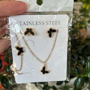 Gold Tone and Black Enamel Butterfly Jewelry Set